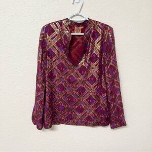 Tory Burch Pink Hastings Gold Lame Plaid Silk Chiffon Tunic Top Blouse Size 6